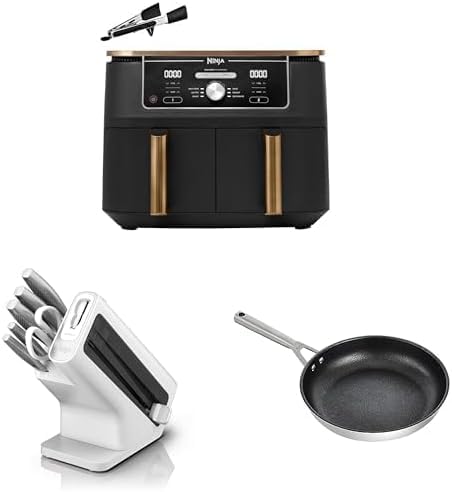 2025 Ninja Foodi MAX Freidora de Aire Doble Zona, 9,5 L cobre/negro, AF400EUCP + Set de Cuchillos Ninja StaySharp blanco, K62006EUWH + Sartén de acero inoxidable Ninja Foodi ZEROSTICK 28 cm, C60028EU