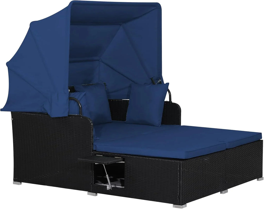 RELAX4LIFE Cama de Jardín Exterior con Dosel, Tumbona de Resina Trenzada con Cojines, 4 Almohadas y 2 Bandejas Laterales Retráctiles, Cama Lounge para 2 Personas para Piscina, Porche, Jardín, Cama de Exterior de Ratán (Turquesa)