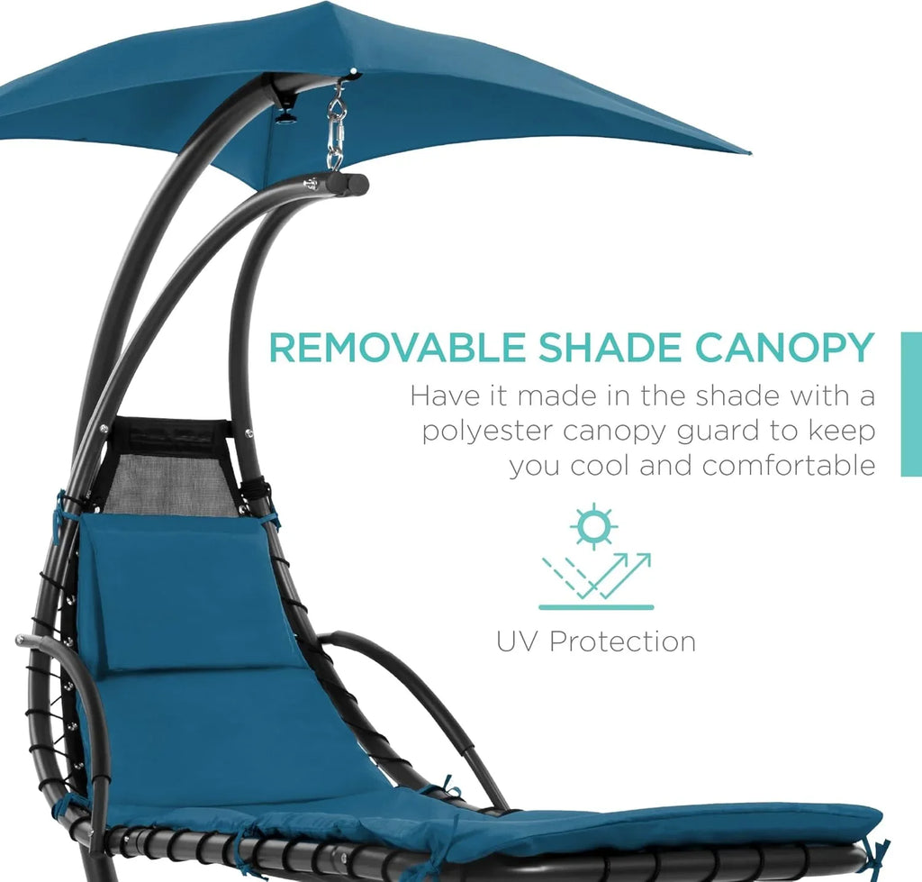 Chaise Longue Suspendue de Exterior Best Choice Products – Silla Balancín Curvada de Acero con Cojín Integrado y Toldo Desmontable – Gris Carbón
