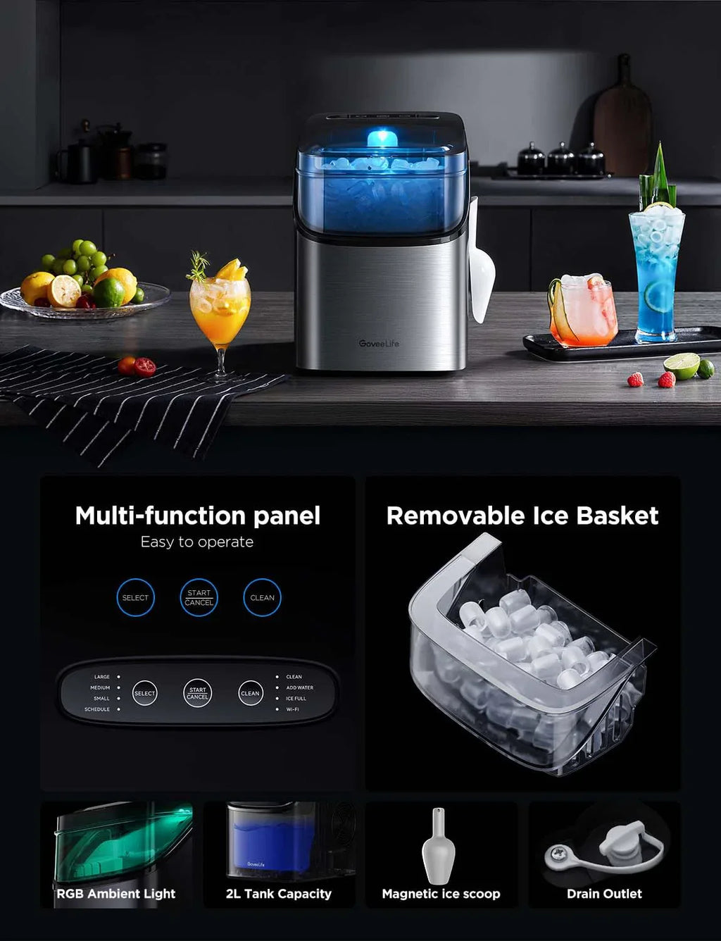 2025 GoveeLife Máquina de Hielo Inteligente con Control por Voz – 9 Cubos en 6 Minutos, 3 Tamaños, 12 kg/24h, Autolimpiante, Iluminación RGB, Silenciosa, con Pala – Negra