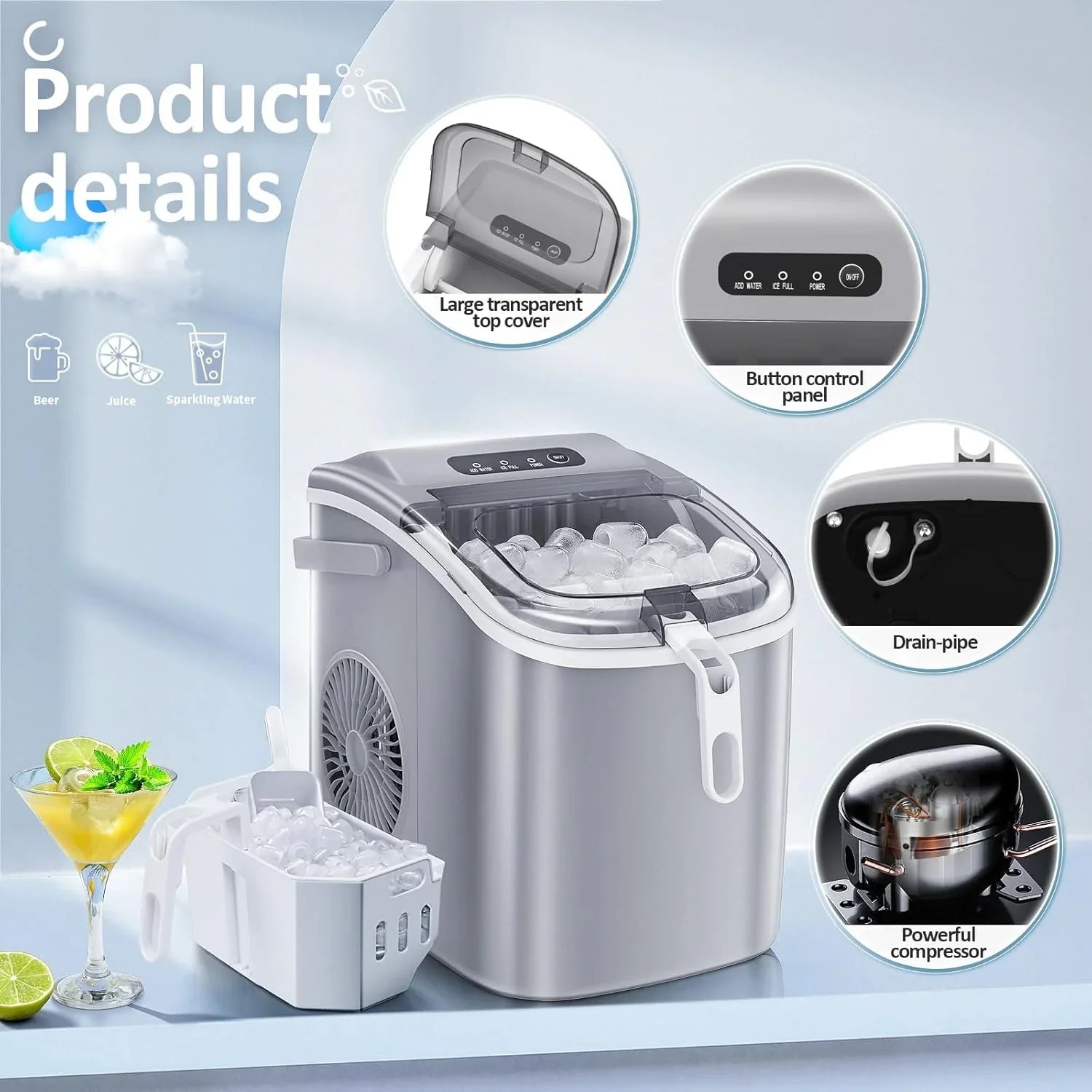 2025 Máquina de hielo tipo nugget para encimera, hielo en trozos masticables, 15 kg/24 h, autolimpiante, hielo sónico, operación con un solo botón, para cocina u oficina, acero inoxidable plateado