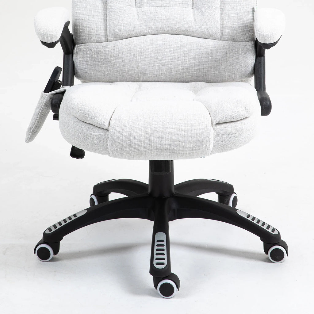 Silla de Oficina Ergonómica con Masaje de 6 Puntos y Calefacción en la Espalda, Tela Tipo Lino, Blanco Crema