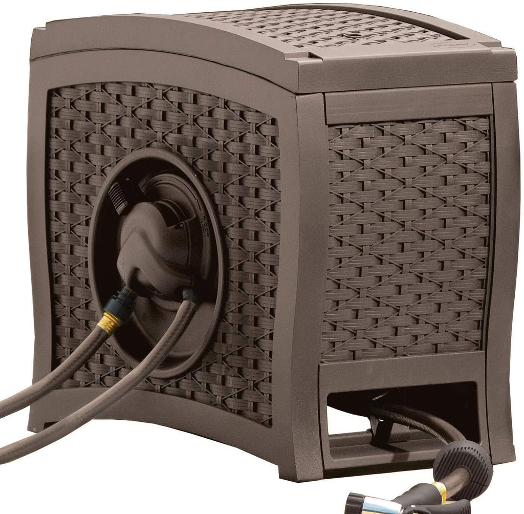 Suncast Aquawinder Carrete para Manguera de Jardín en Estilo Ratán de 125' – Ligero, Portátil, Enrollador Automático de Agua Sin Esfuerzo – Color Java