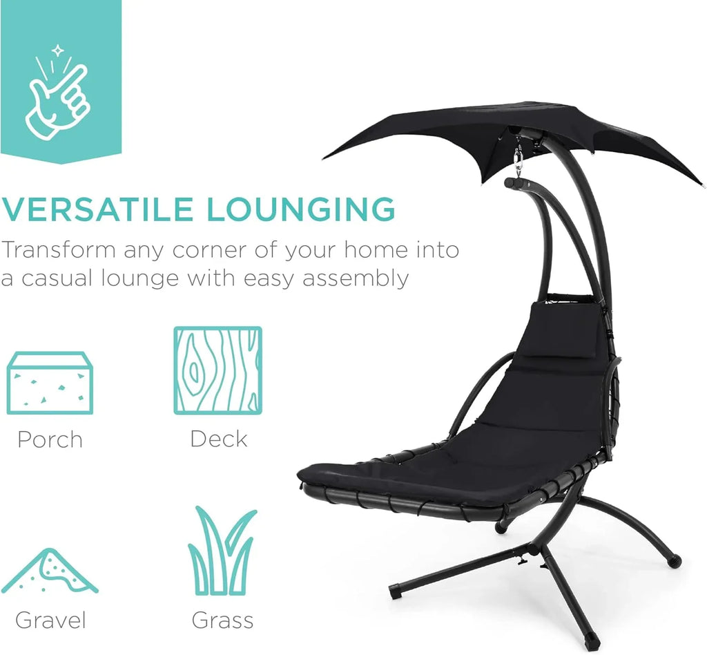 Chaise Longue Suspendue de Exterior Best Choice Products – Silla Balancín Curvada de Acero con Cojín Integrado y Toldo Desmontable – Gris Carbón