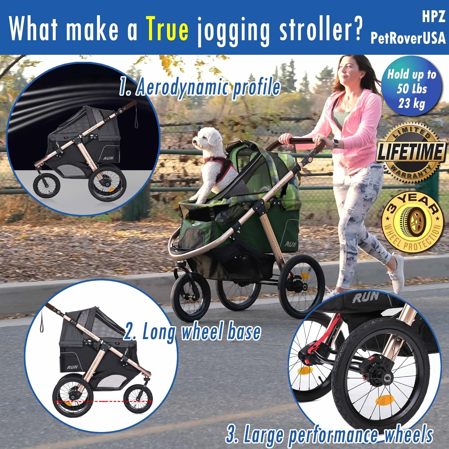 Coche Deportivo para Correr con Ruedas de Goma Confort / Entrada sin Cremallera / Plegado Rápido con Una Mano / Estructura de Aluminio para Perros, Gatos y Mascotas Pequeñas o Medianas (Camuflaje Verde)