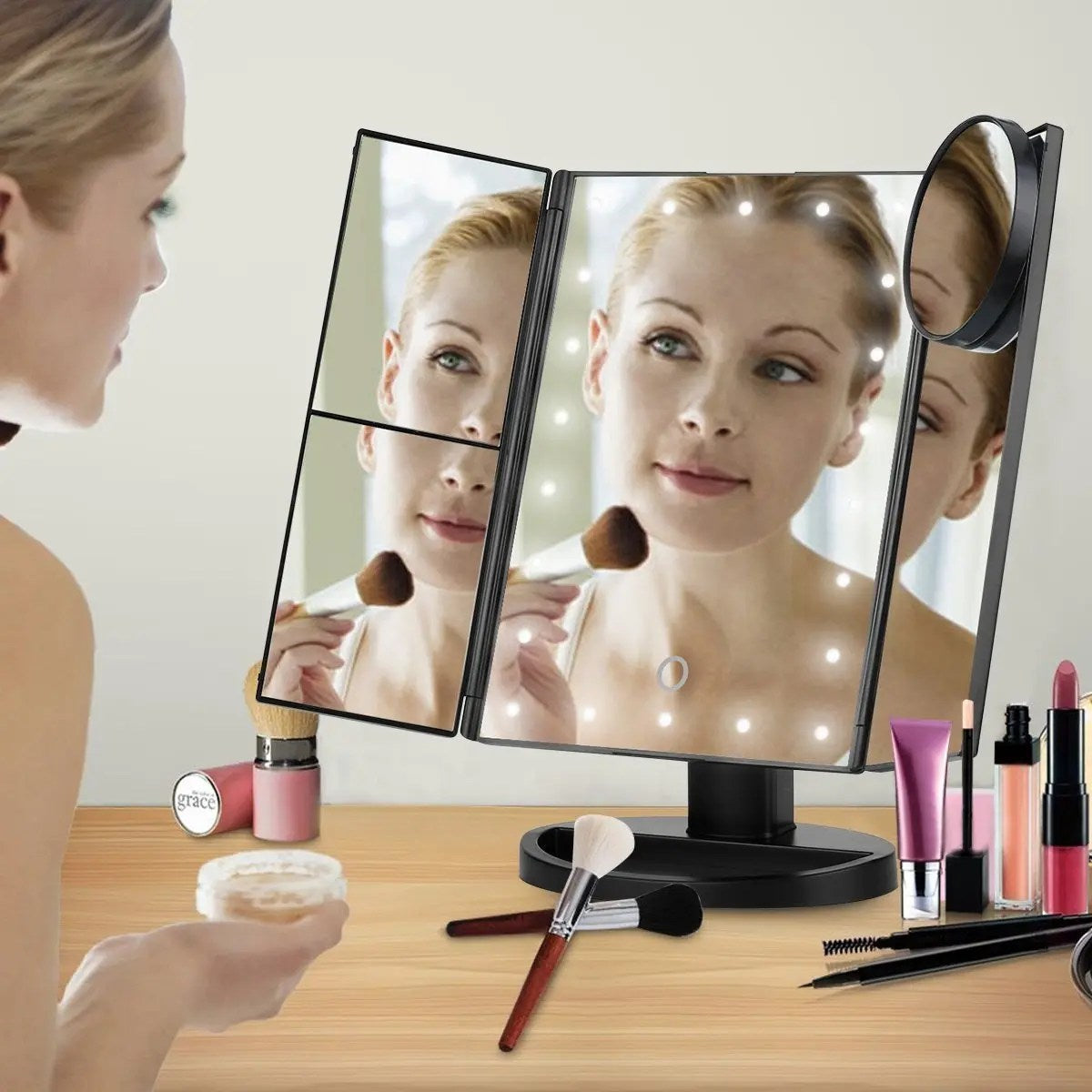 Espejo de Maquillaje Iluminado Espejo de Tocador Inteligente con Luces, 10X de Magnificación, Ajustable, 22 Luces LED