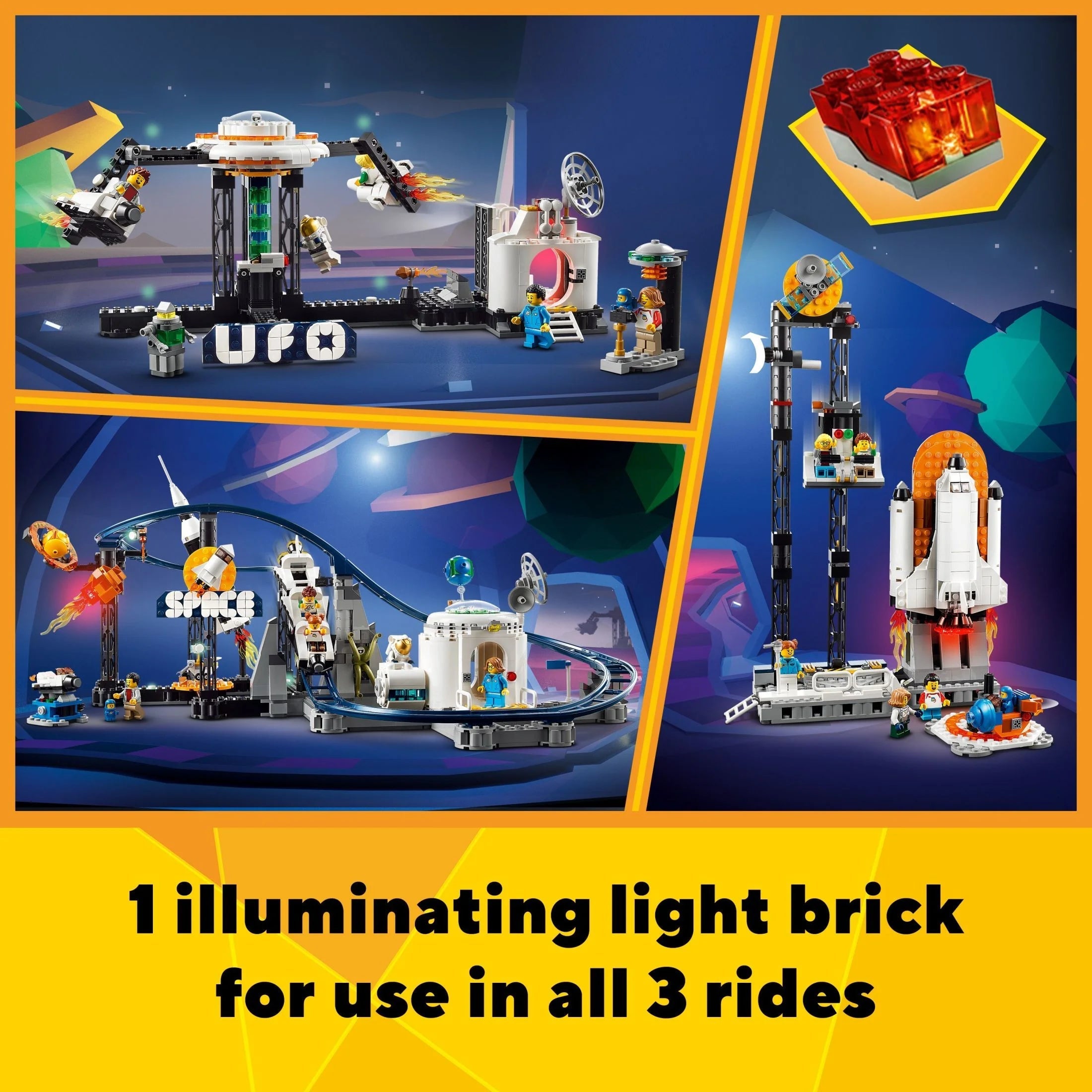 LEGO Creator 3 en 1 Montaña Rusa Espacial, Parque de Diversiones Reconstruible, Construye una Montaña Rusa Enroscada, Torre de Caída o Carrusel Giratorio, con 5 Minifiguras, Set de Construcción para Niños de 9 Años en Adelante, 31142