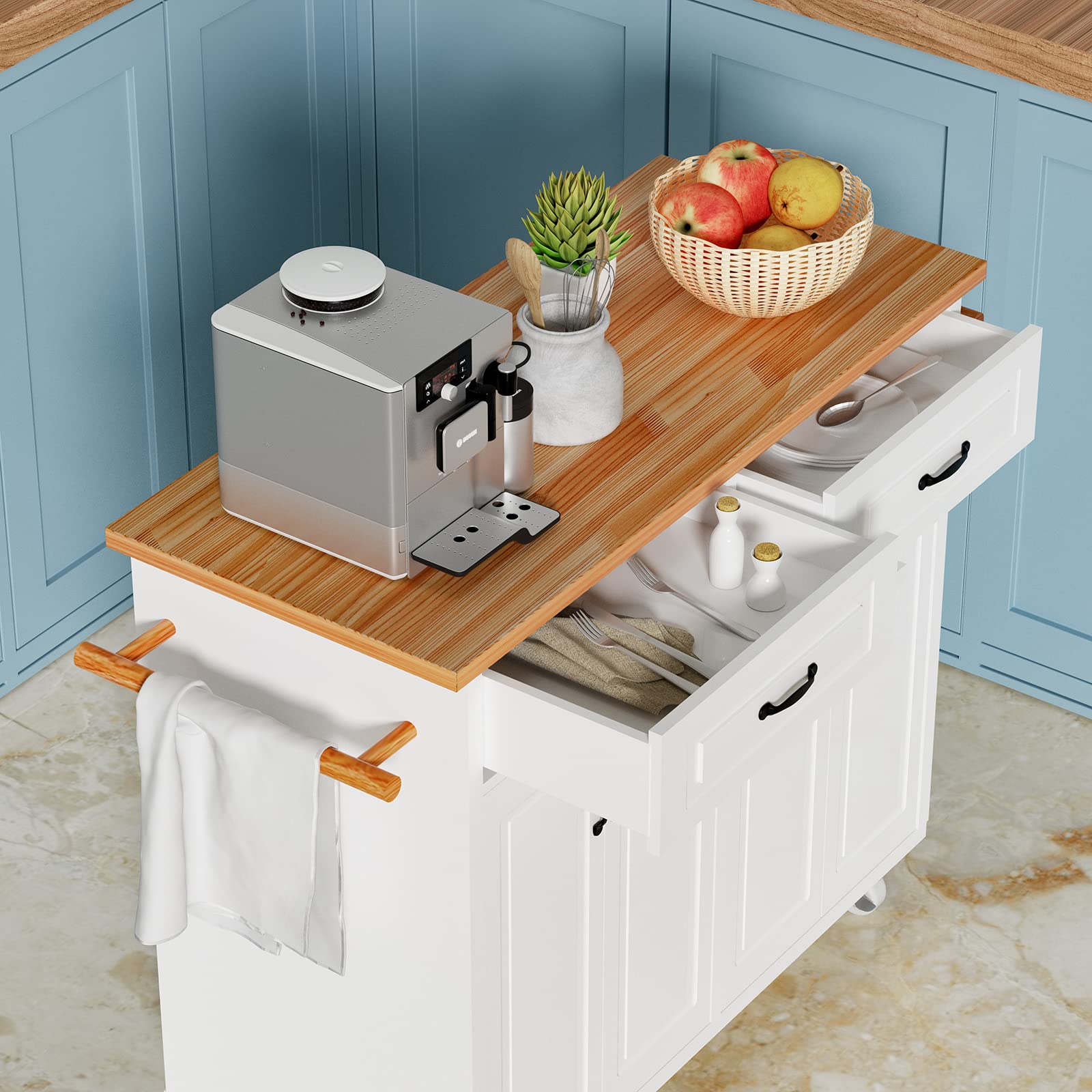 4 EVER WINNER Isla de Cocina Blanca con Almacenamiento sobre Ruedas, Carrito de Cocina Móvil con 2 Cajones y 4 Gabinetes de Almacenaje, Encimera de Madera, Barras para Toallas, Estantes Ajustables