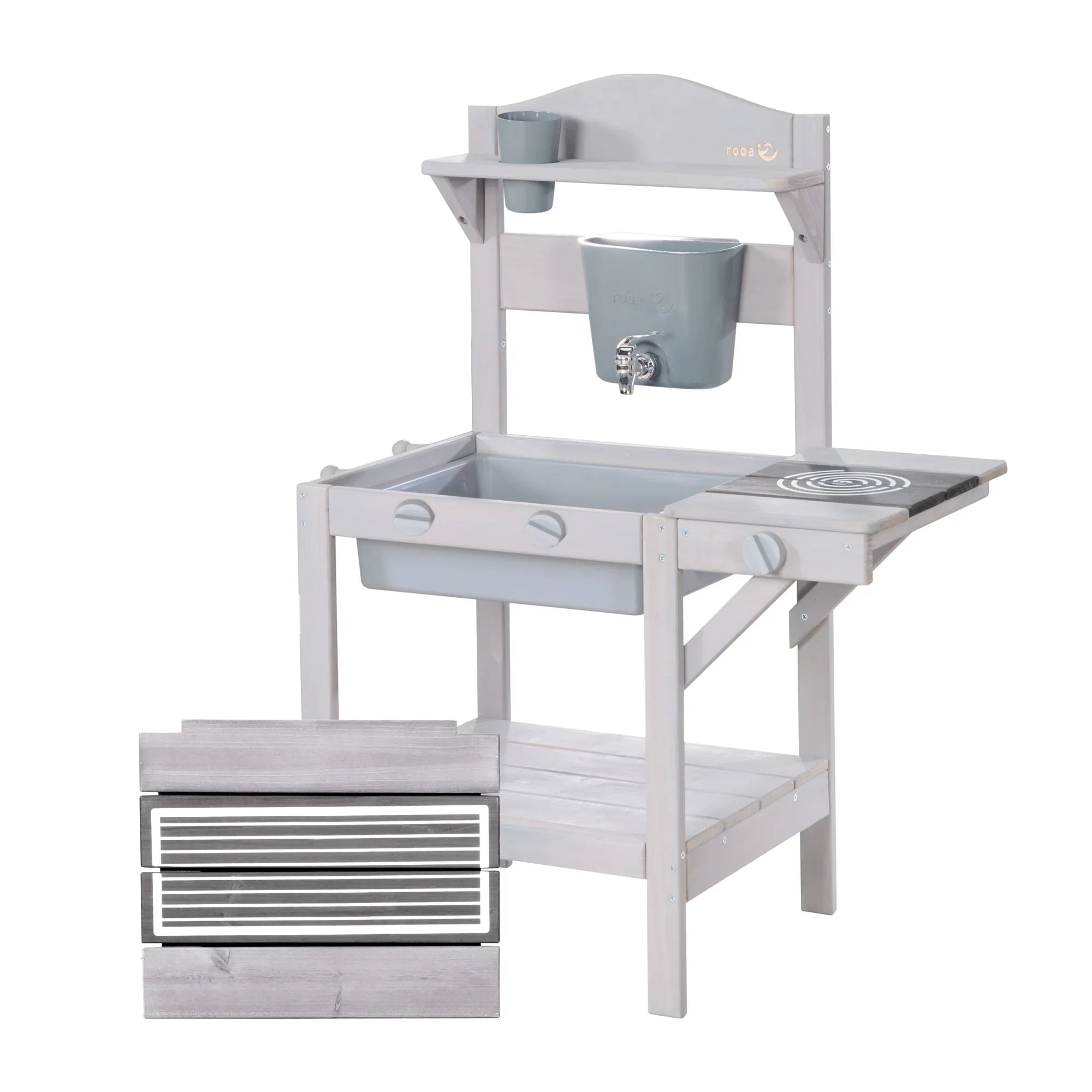 Cocina de juego al aire libre con accesorios – Madera certificada FSC – Acabado en gris grabado
