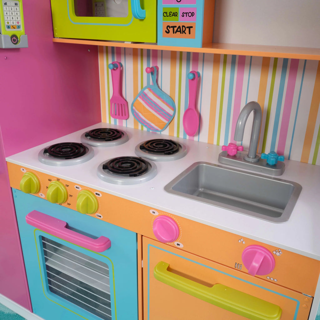 KidKraft Cocina de Juguete de Madera Deluxe Grande y Brillante para Niños, Colores Neón