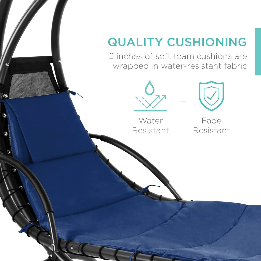 Chaise Longue Suspendue de Exterior Best Choice Products – Silla Balancín Curvada de Acero con Cojín Integrado y Toldo Desmontable – Gris Carbón