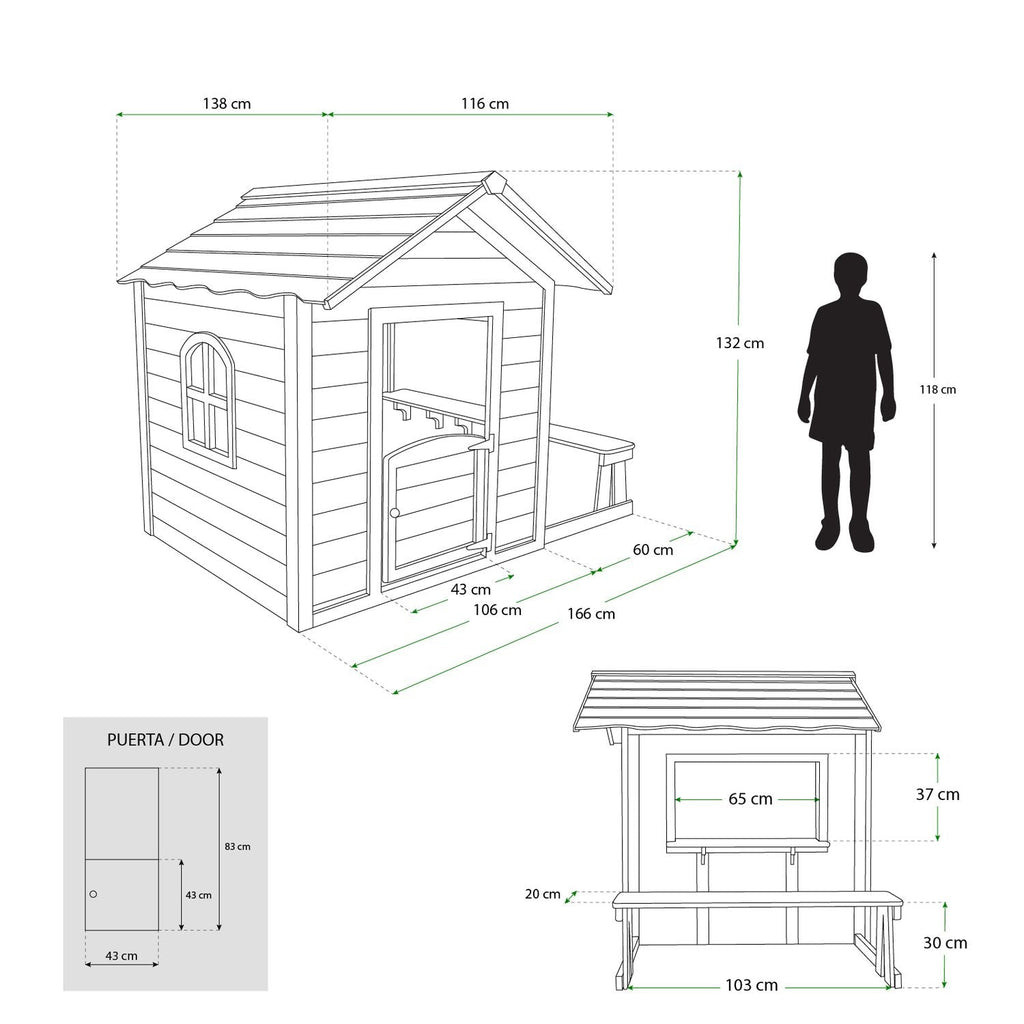 Casita Infantil De Madera Robincool 1,2 M² De 116x138x132 Cm Diseño Abierto Con Ventanas Y Banco Exterior