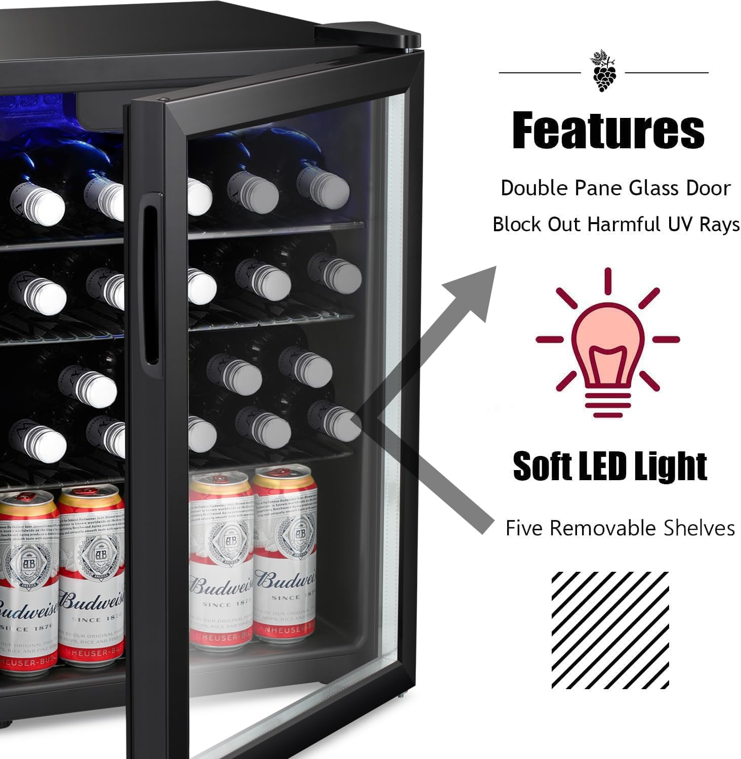 Antarctic Star Enfriador de Vino para 36 Botellas / Refrigerador de Bebidas, Mini Bodega, Refrigerador para Cerveza y Refrescos, Operación Silenciosa con Compresor, Temperatura Ajustable, Independiente, Color Negro, 4.4 pies cúbicos
