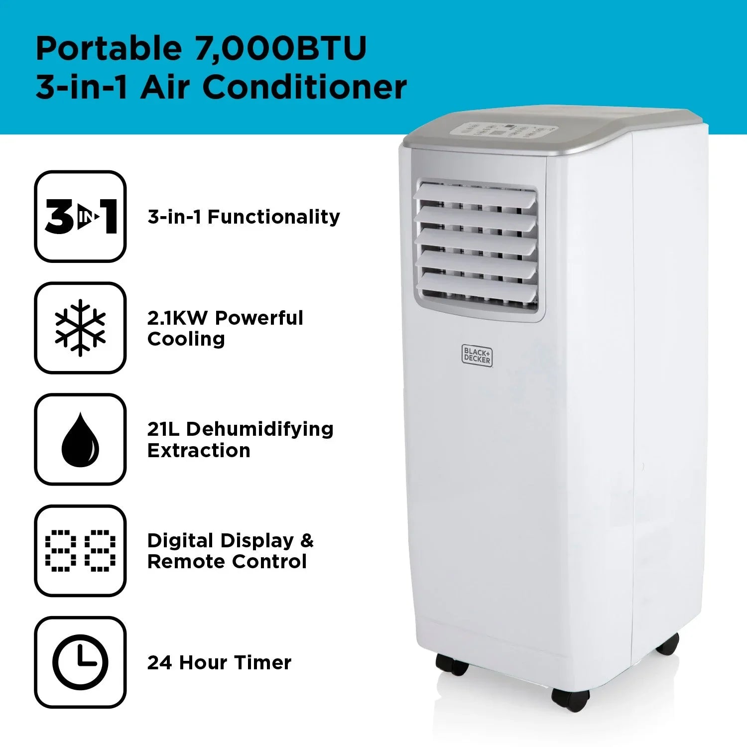 2025 Aire Acondicionado Móvil 3 en 1 Black+Decker BXAC40005GB 7000 BTU Blanco