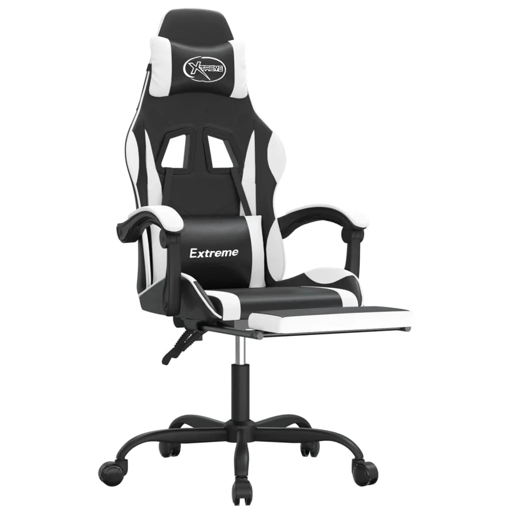 2025 Silla gaming giratoria reposapiés cuero sintético negro blanco V8635