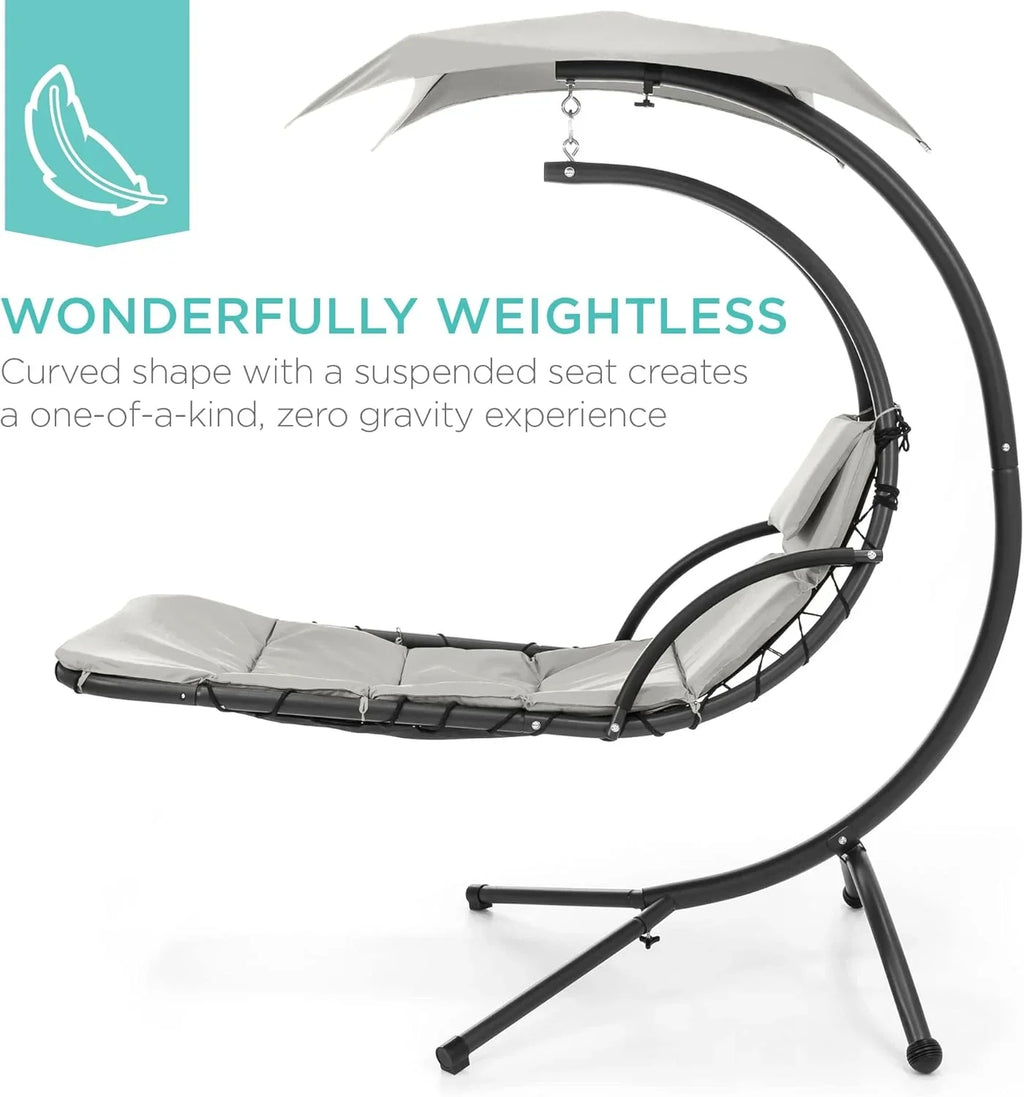 Chaise Longue Suspendue de Exterior Best Choice Products – Silla Balancín Curvada de Acero con Cojín Integrado y Toldo Desmontable – Gris Carbón