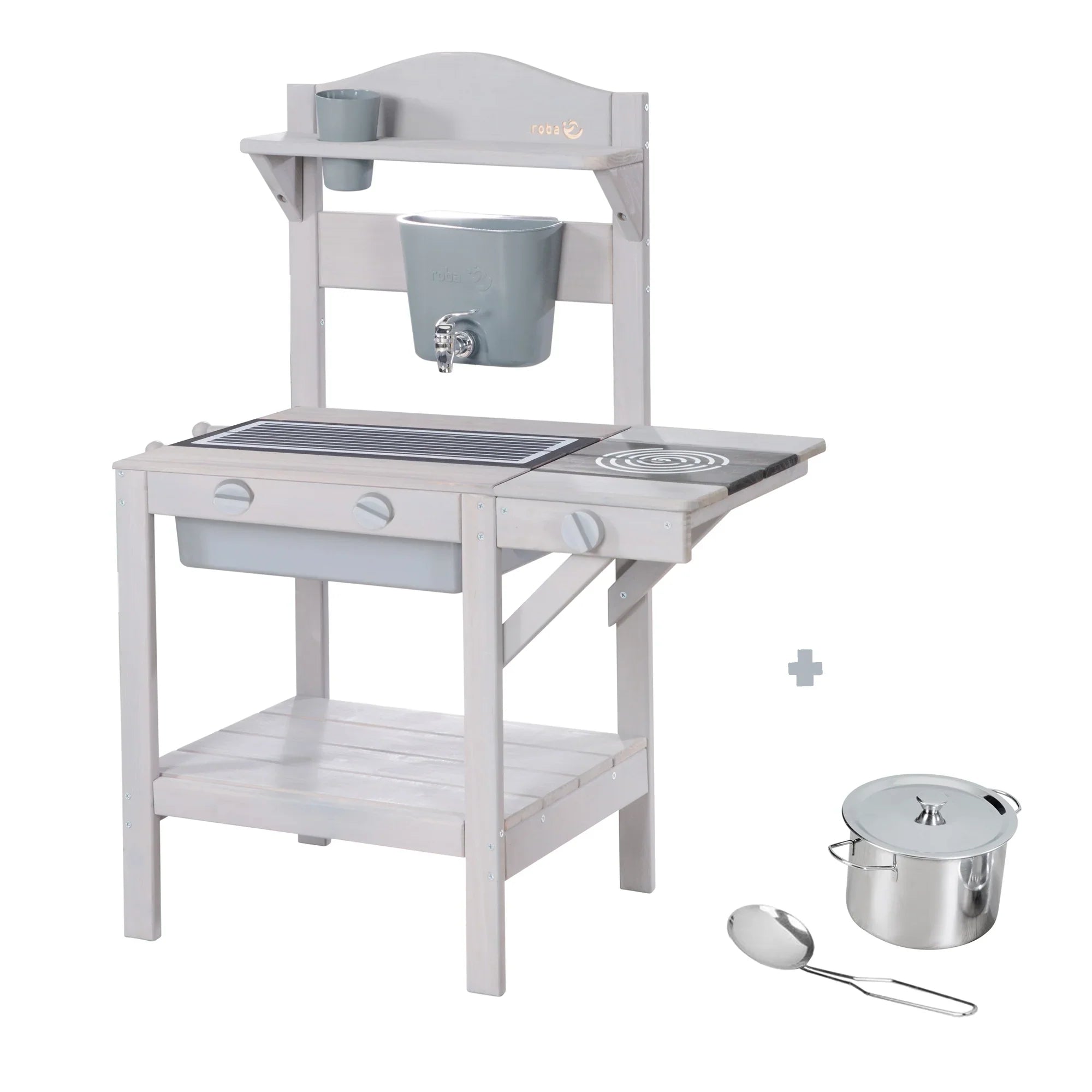 Cocina de juego al aire libre con accesorios – Madera certificada FSC – Acabado en gris grabado