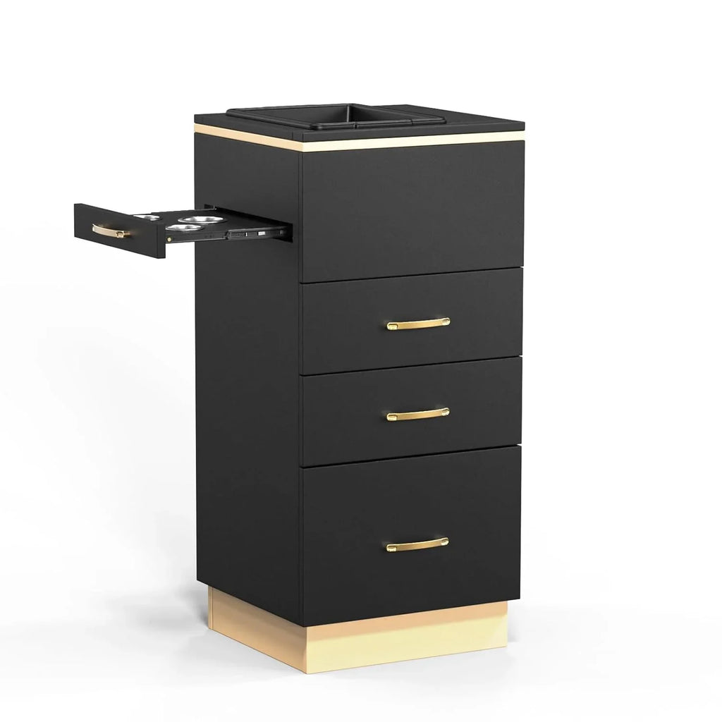 OmySalon Estación de Almacenamiento para Salones – Mueble de Peluquería con 3 Cajones, Compartimento de Almacenamiento y 3 Soportes para Secadores – Color Oro Blanco