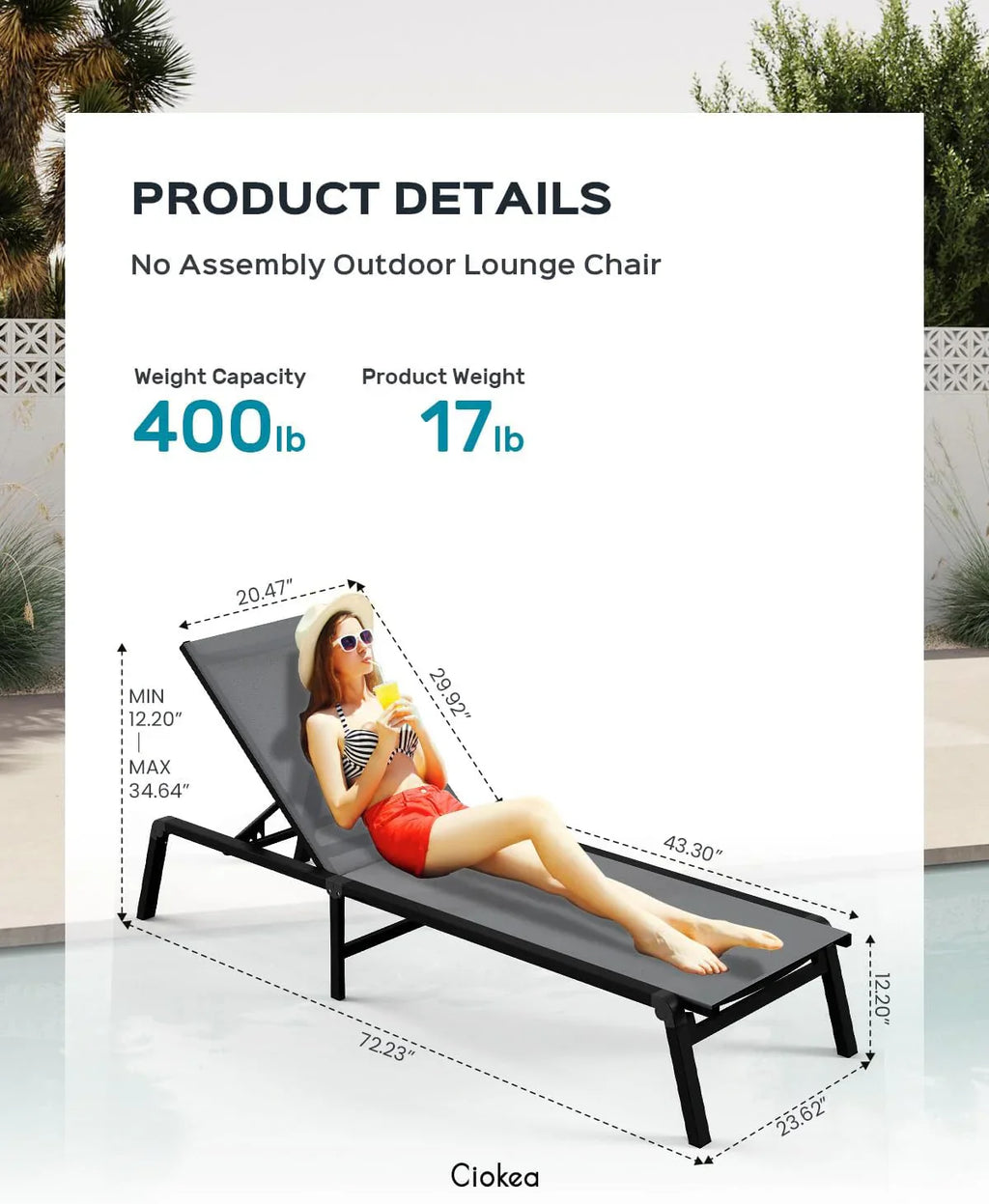 Tumbona de Aluminio para Exterior – Silla de Jardín Plegable sin Montaje, con Respaldo Ajustable en 5 Posiciones, para Terraza, Piscina, Playa – Negra