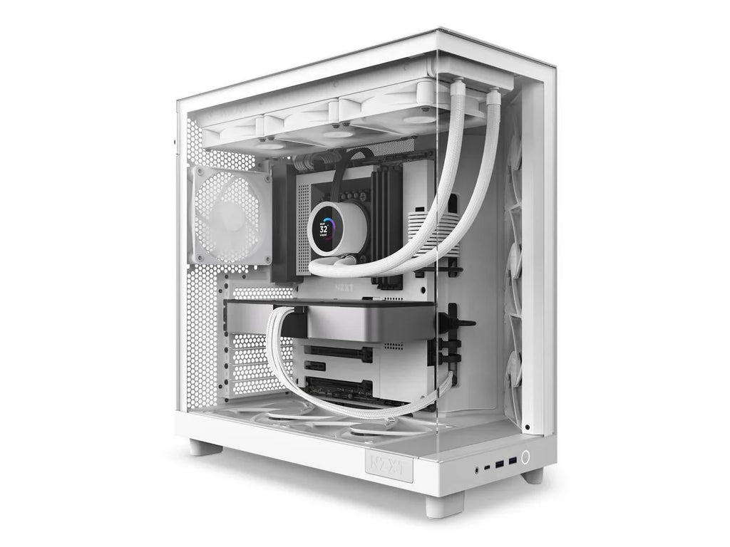 2025 NZXT H6 FLOW - Caja compacta de torre intermedia de doble cámara con flujo de aire, color blanco, CC-H61FW-01