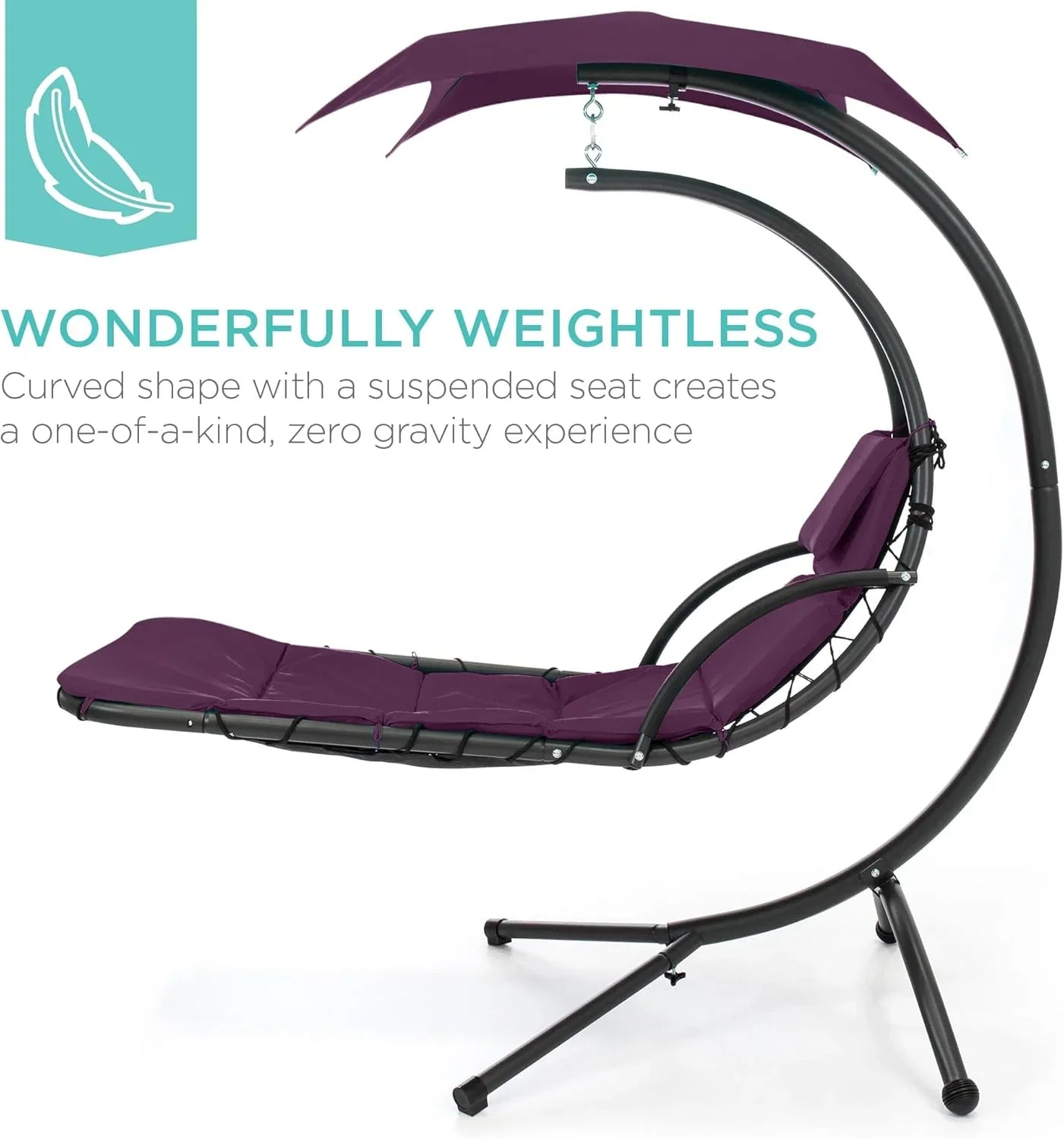 Chaise Longue Suspendue de Exterior Best Choice Products – Silla Balancín Curvada de Acero con Cojín Integrado y Toldo Desmontable – Gris Carbón