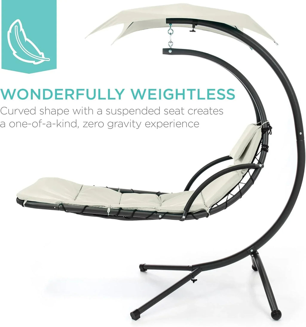 Chaise Longue Suspendue de Exterior Best Choice Products – Silla Balancín Curvada de Acero con Cojín Integrado y Toldo Desmontable – Gris Carbón