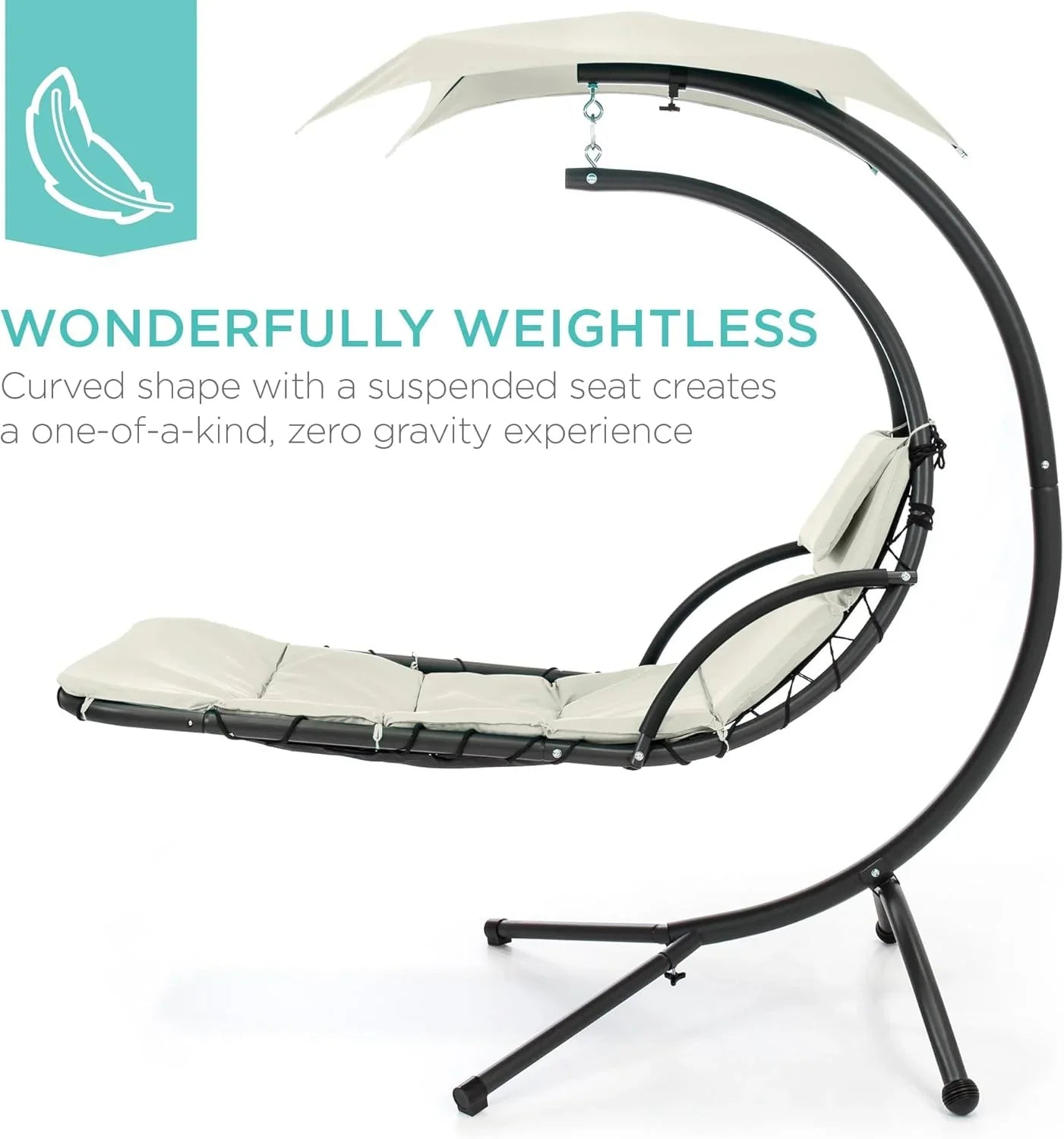 Chaise Longue Suspendue de Exterior Best Choice Products – Silla Balancín Curvada de Acero con Cojín Integrado y Toldo Desmontable – Gris Carbón
