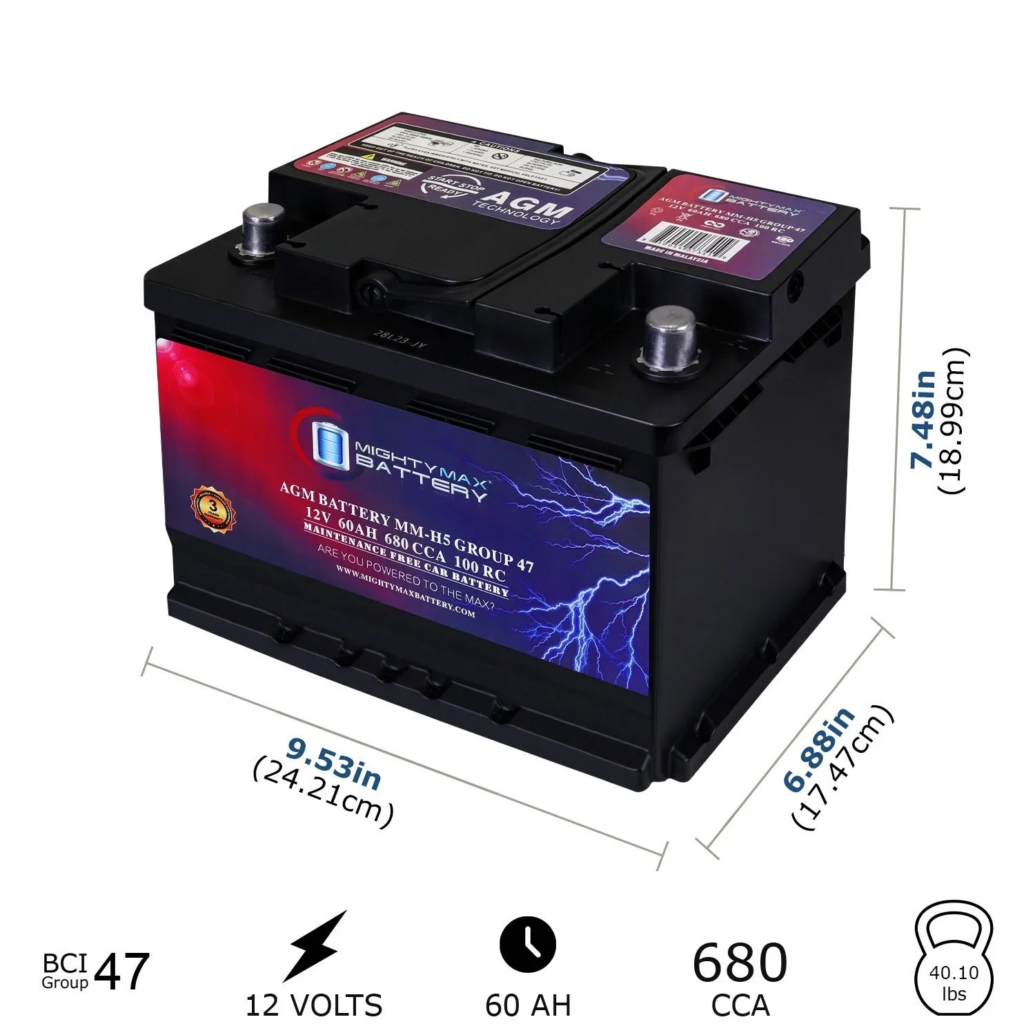 Batería de coche recargable MM-H5 Start-Stop, tamaño BCI grupo 47, 12 V 60 AH, 100 RC, 680 CCA, tecnología AGM.