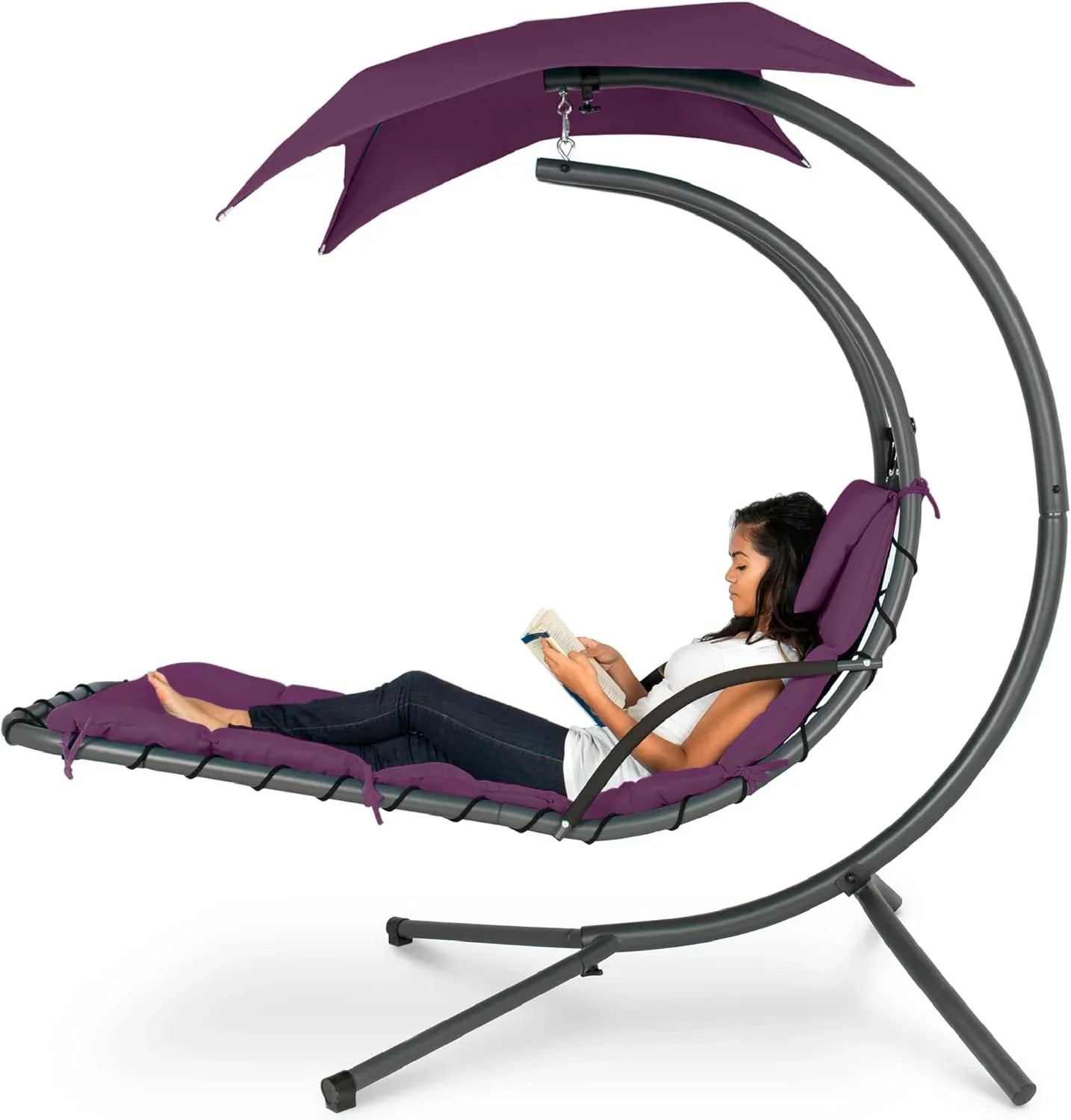 Chaise Longue Suspendue de Exterior Best Choice Products – Silla Balancín Curvada de Acero con Cojín Integrado y Toldo Desmontable – Gris Carbón