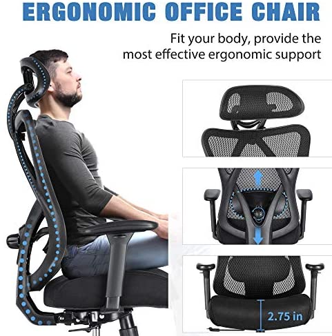 2025 Silla de Oficina Ergonómica SUNNOW, Silla de Escritorio de Malla, Silla Ejecutiva de Respaldo Alto