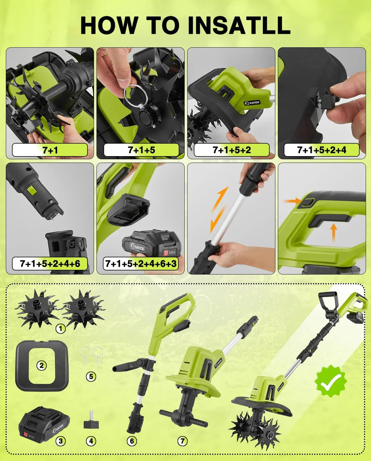 Motobineuse Électrique Sans Fil Saker 22V, Motoculteur Léger pour Jardinage, Largeur de Labour 9 pouces, Profondeur 6,3 pouces pour Préparation du Sol, Désherbage et Jardinage, avec 2 Batteries SK-TC18B