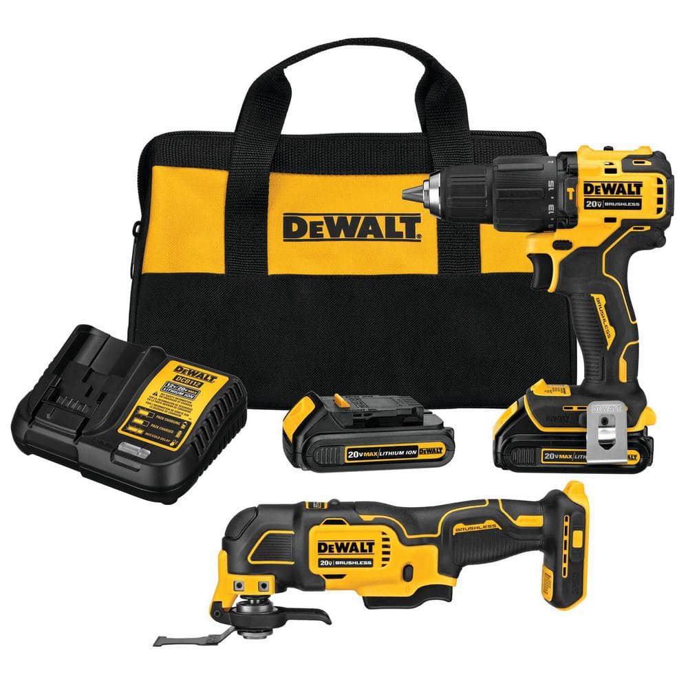 ATOMIC Kit Combo Inalámbrico sin Escobillas de 20V MAX con (2) Baterías de 1.5Ah, Cargador y Bolsa – Modelo DCK224C2