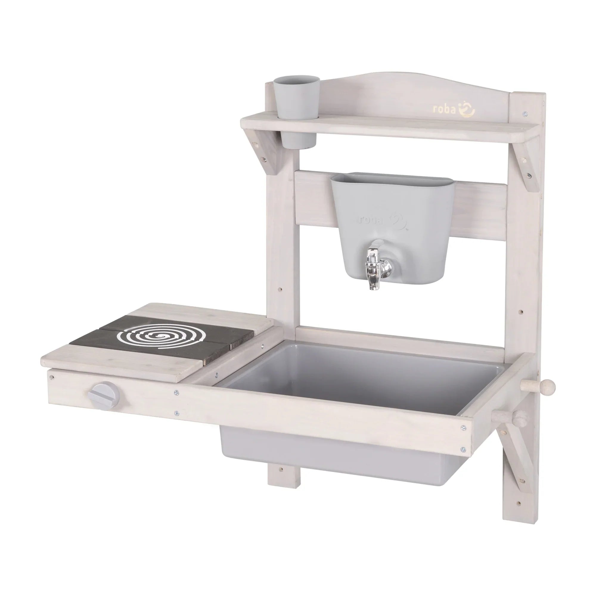 Cocina colgante de juego y barro con accesorios – Madera certificada FSC – Acabado en gris grabado