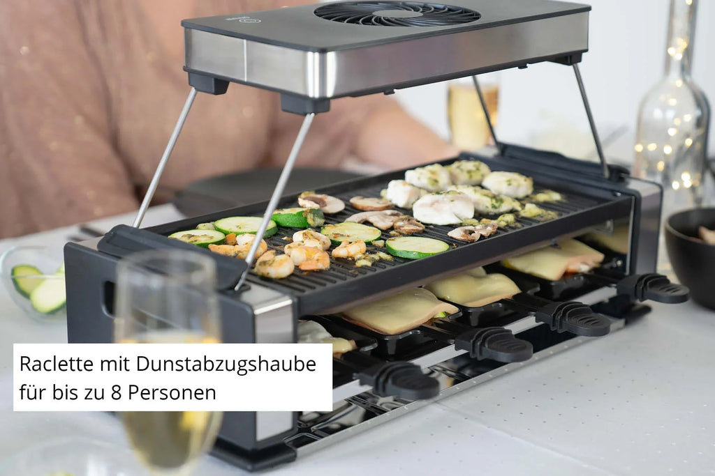 2025 Raclette-Grill „Smokeless 8“ – Raclette sin humo con placa antiadherente y 8 sartenes