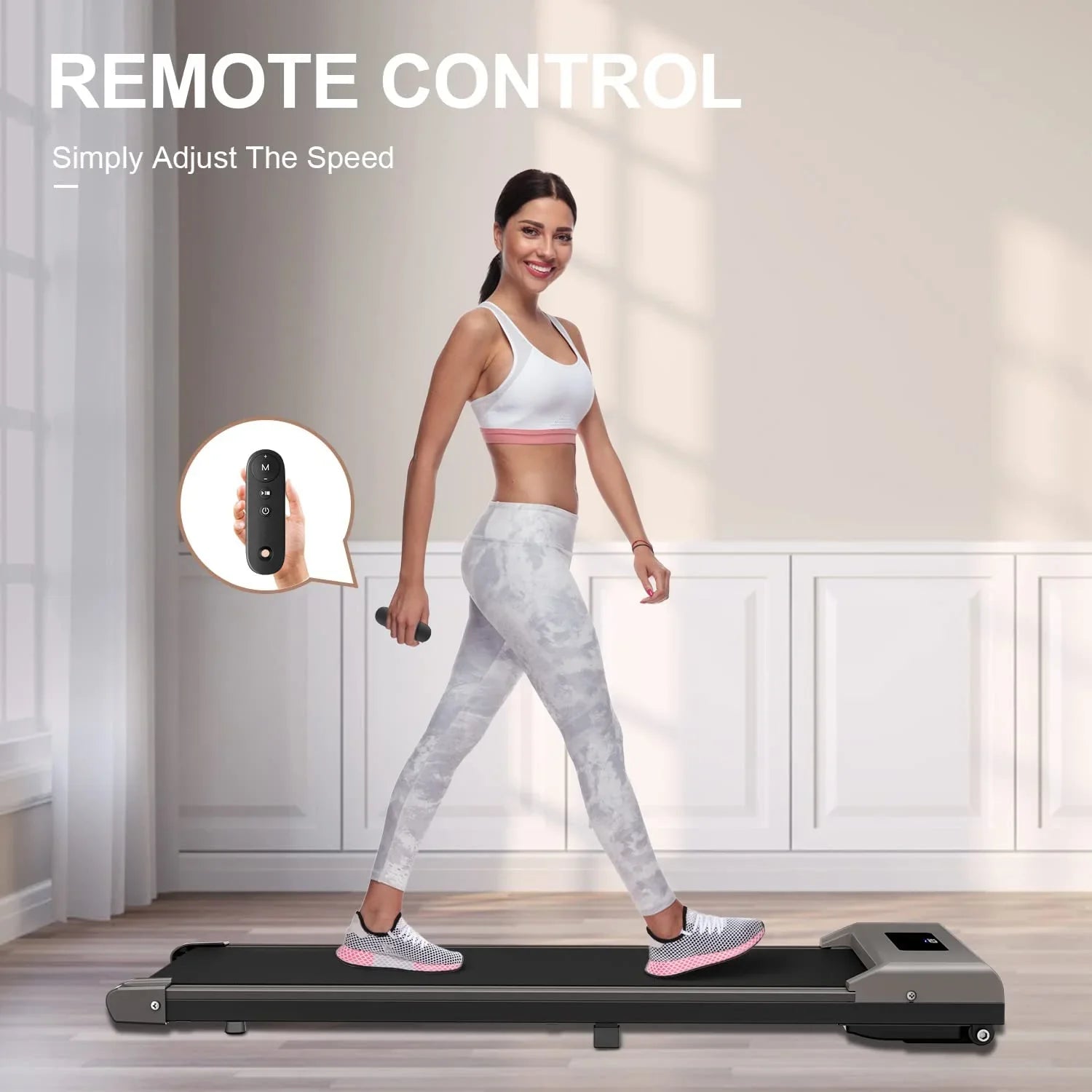 2025 Alfombrilla de caminata Bigzzia Walking Pad bajo el escritorio, caminadora con control remoto y pantalla LCD para teletrabajo, capacidad máxima de 120 kg, rosa