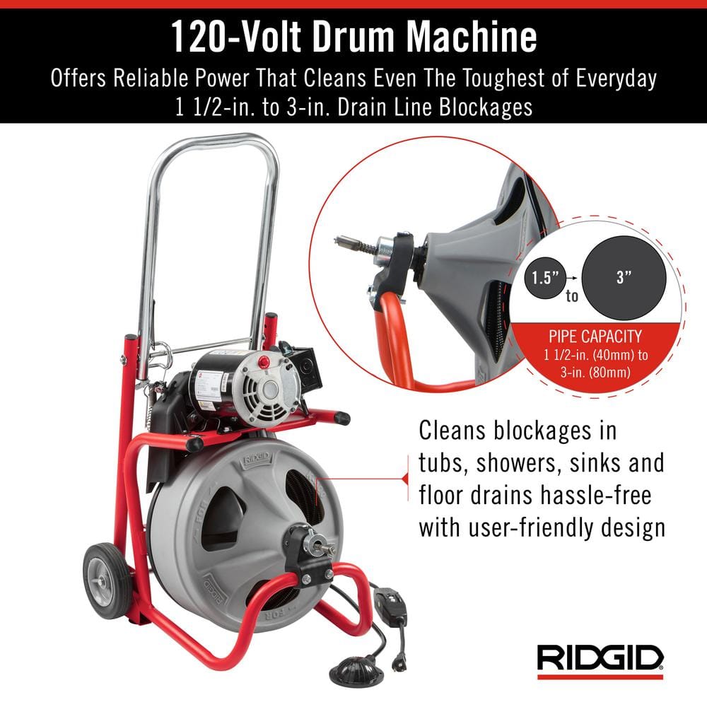 2025 K-400 Máquina de Limpieza de Drenajes 120V con Cable C-32IW de 3/8 in. x 75 ft., Set de 4 Herramientas y Guantes 52363