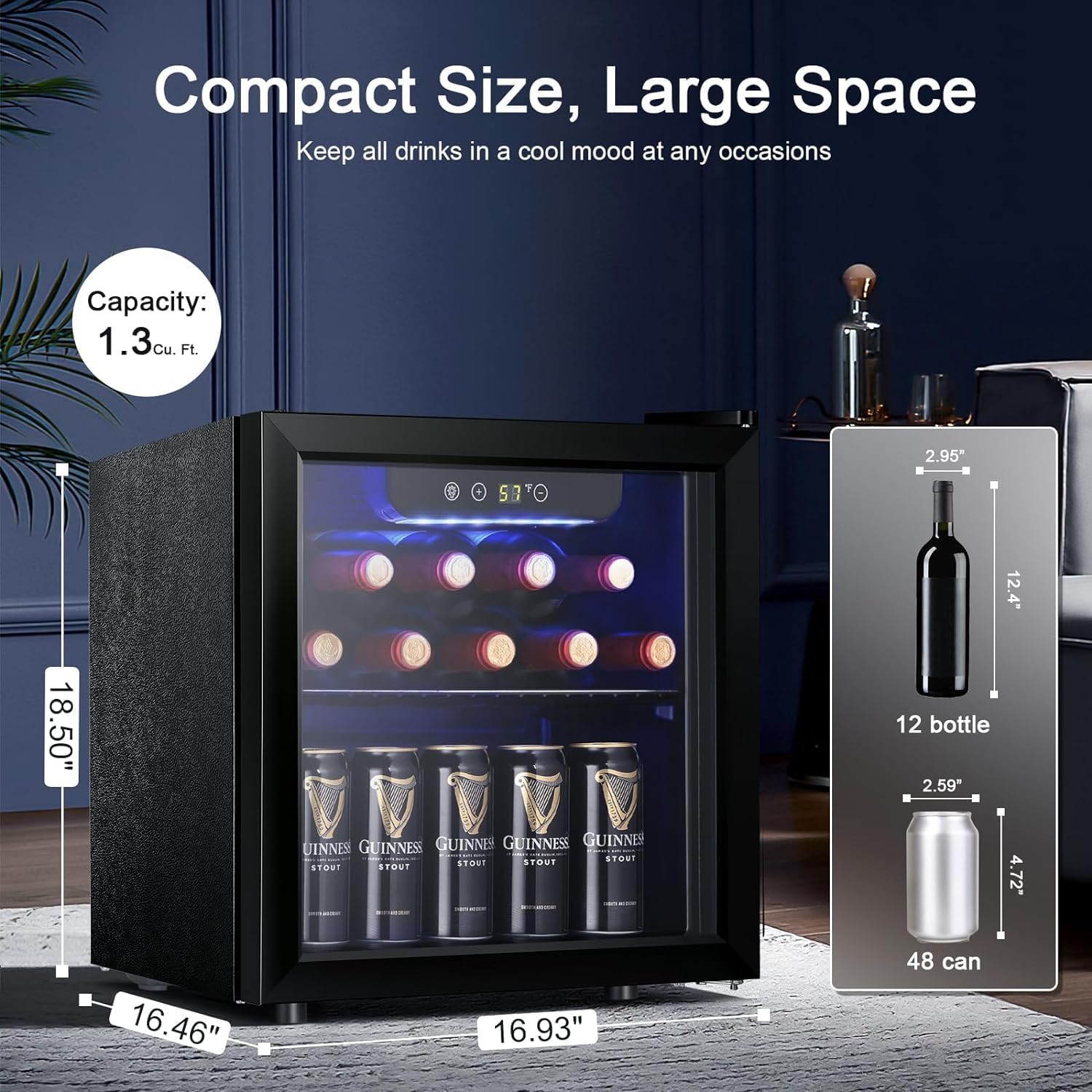 Antarctic Star Enfriador de Vino para 36 Botellas / Refrigerador de Bebidas, Mini Bodega, Refrigerador para Cerveza y Refrescos, Operación Silenciosa con Compresor, Temperatura Ajustable, Independiente, Color Negro, 4.4 pies cúbicos
