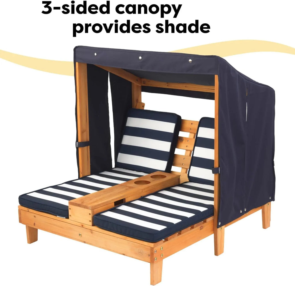 Tumbona Doble de Madera para Niños KidKraft con Porta Vasos, Muebles de Jardín para Niños, Color Miel con Tela a Rayas Azul Marino y Blanco, Regalo para Niños de 3 a 8 Años
