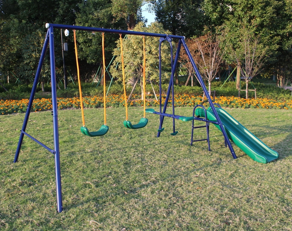 2025 Set de columpios con estructura metálica en A, resbaladilla y columpios curvados en forma de U para jardín, azul/verde/naranja