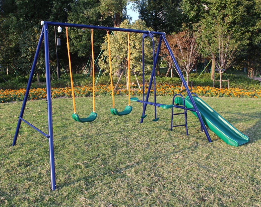 2025 Set de columpios con estructura metálica en A, resbaladilla y columpios curvados en forma de U para jardín, azul/verde/naranja