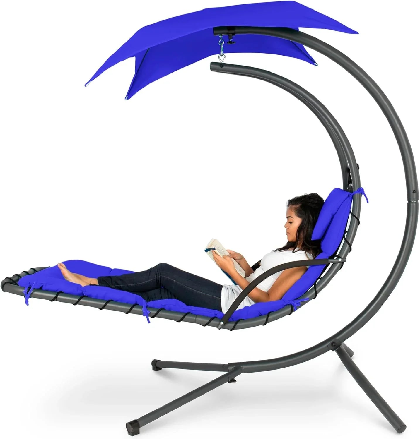 Chaise Longue Suspendue de Exterior Best Choice Products – Silla Balancín Curvada de Acero con Cojín Integrado y Toldo Desmontable – Gris Carbón