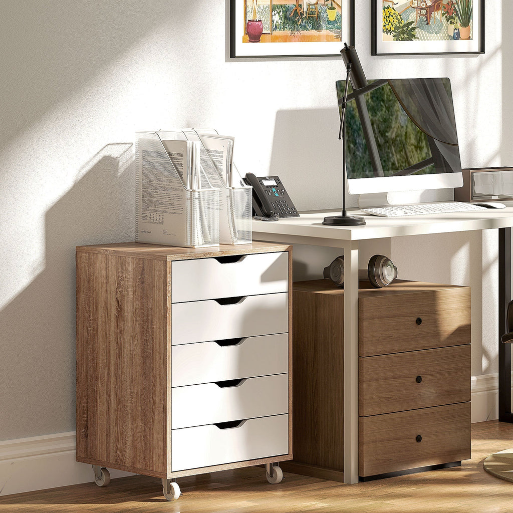 Cajonera Vertical de 5 Cajones, Mueble de Oficina Móvil con Ruedas, Roble