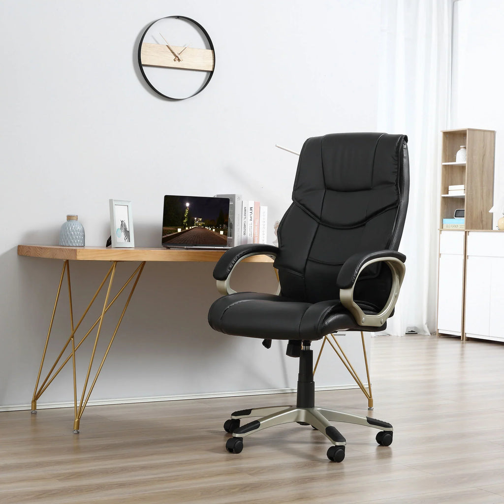Silla de Oficina con Respaldo Alto, Sillón Giratorio de Cuero Sintético con Altura Ajustable, Negro