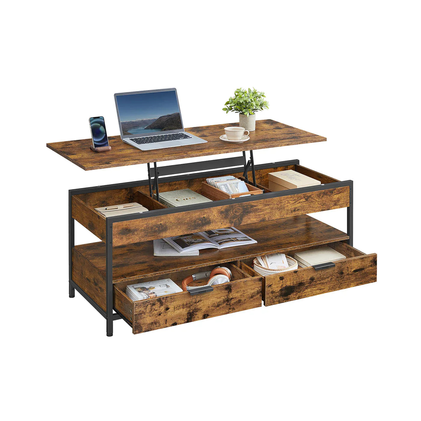Mesa de Centro Elevable Marrón Rústico y Negro Tinta