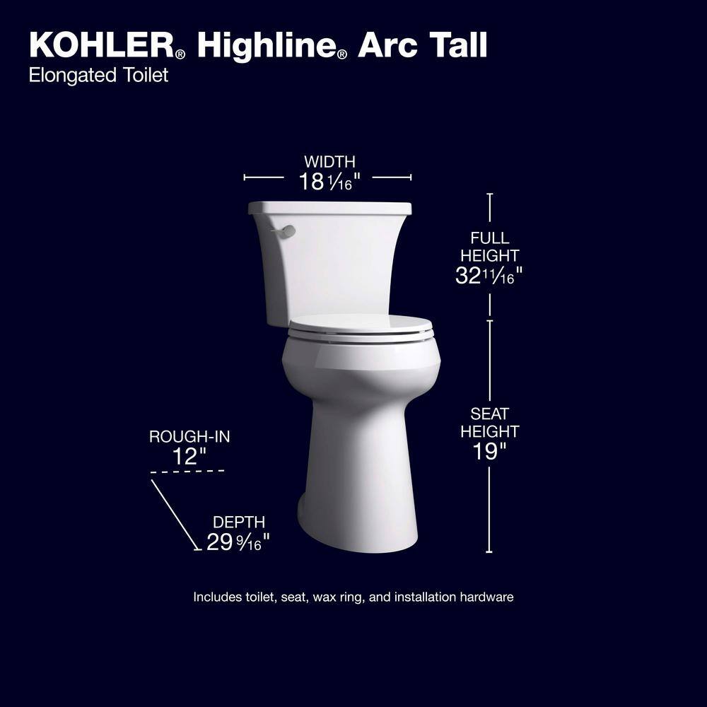Inodoro KOHLER Extra Alto Highline Arc de Dos Piezas con Descarga Simple 1,28 GPF, Alargado, Blanco (Asiento Incluido)