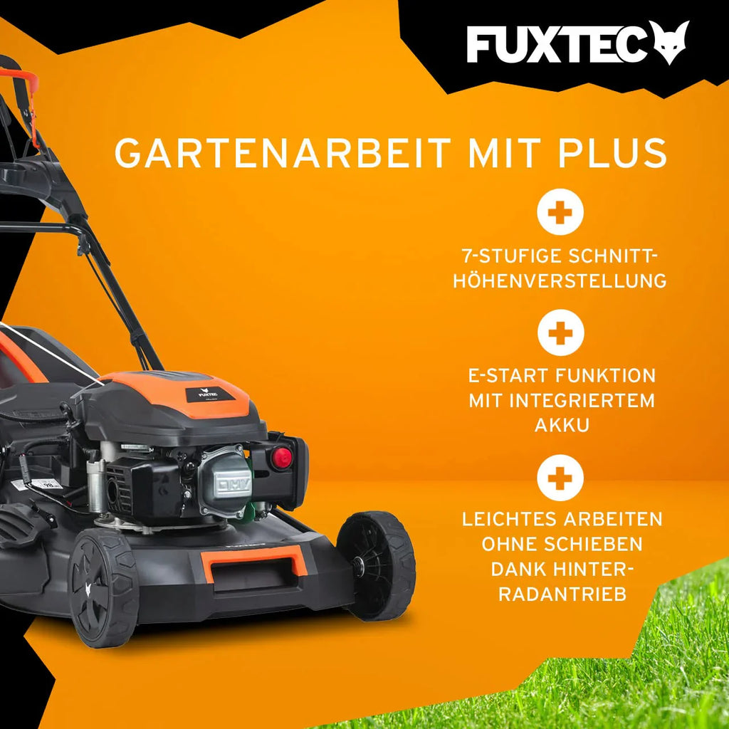 2025 Cortacésped de gasolina 4 en 1 FUXTEC FX-RM5196eS con motor ZIPGO, cortacésped de jardín con función de descarga lateral, ancho de corte 51 cm, motor de 4 tiempos con tracción trasera, ruedas grandes con rodamientos, bolsa de césped 60 L