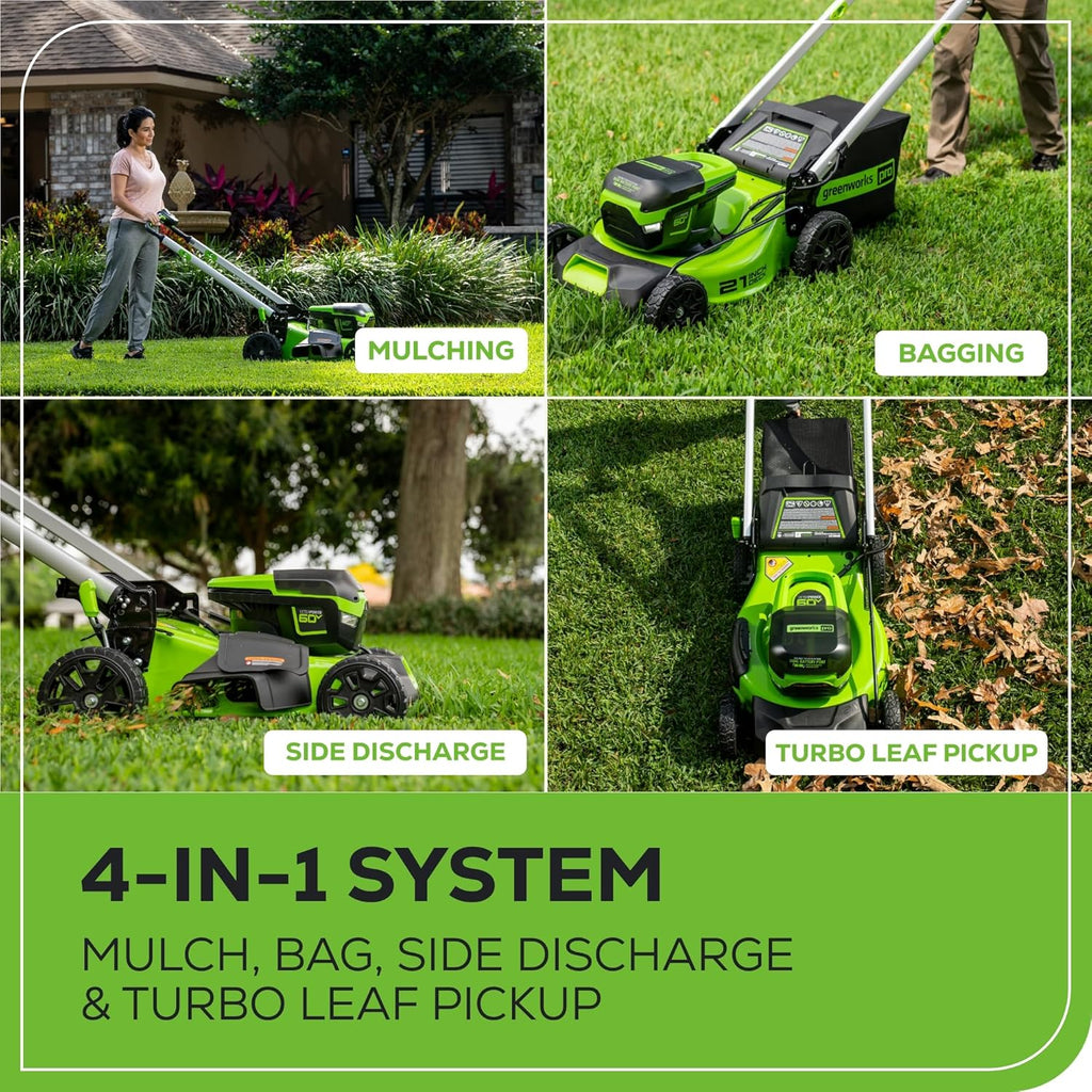 2025 Cortacésped Autopropulsado Inalámbrico Greenworks 60V 21” con 2 Baterías de 4.0Ah y Cargador Rápido de Doble Puerto