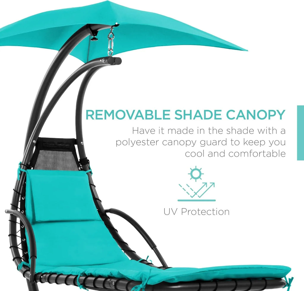 Chaise Longue Suspendue de Exterior Best Choice Products – Silla Balancín Curvada de Acero con Cojín Integrado y Toldo Desmontable – Gris Carbón