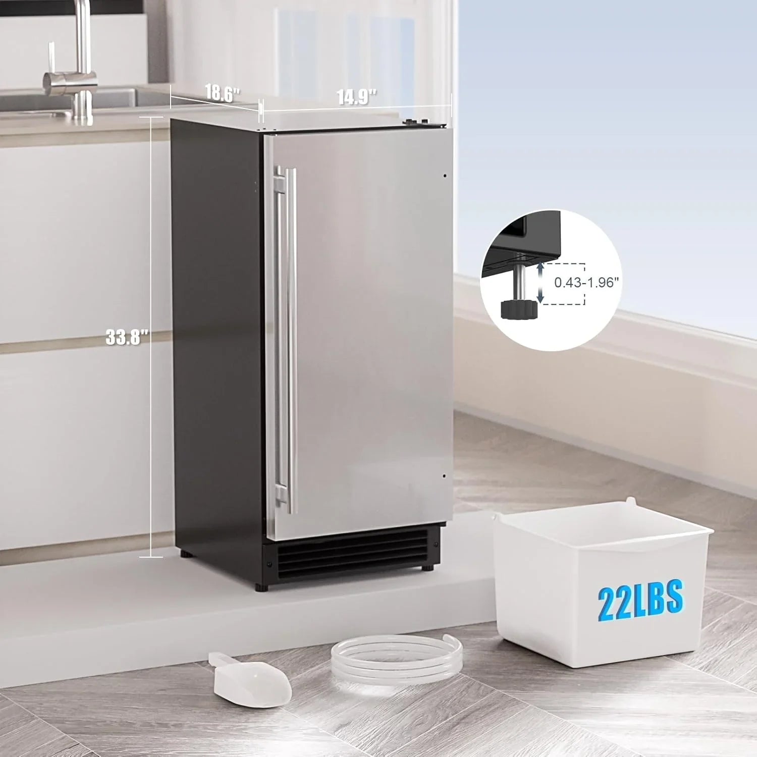 2025 COTLIN Máquina de Hielo Empotrable Sin Drenaje – Capacidad de 22 lb, Hielo en Forma de Media Luna, Acero Inoxidable, Uso Doméstico o Comercial, Certificada ETL