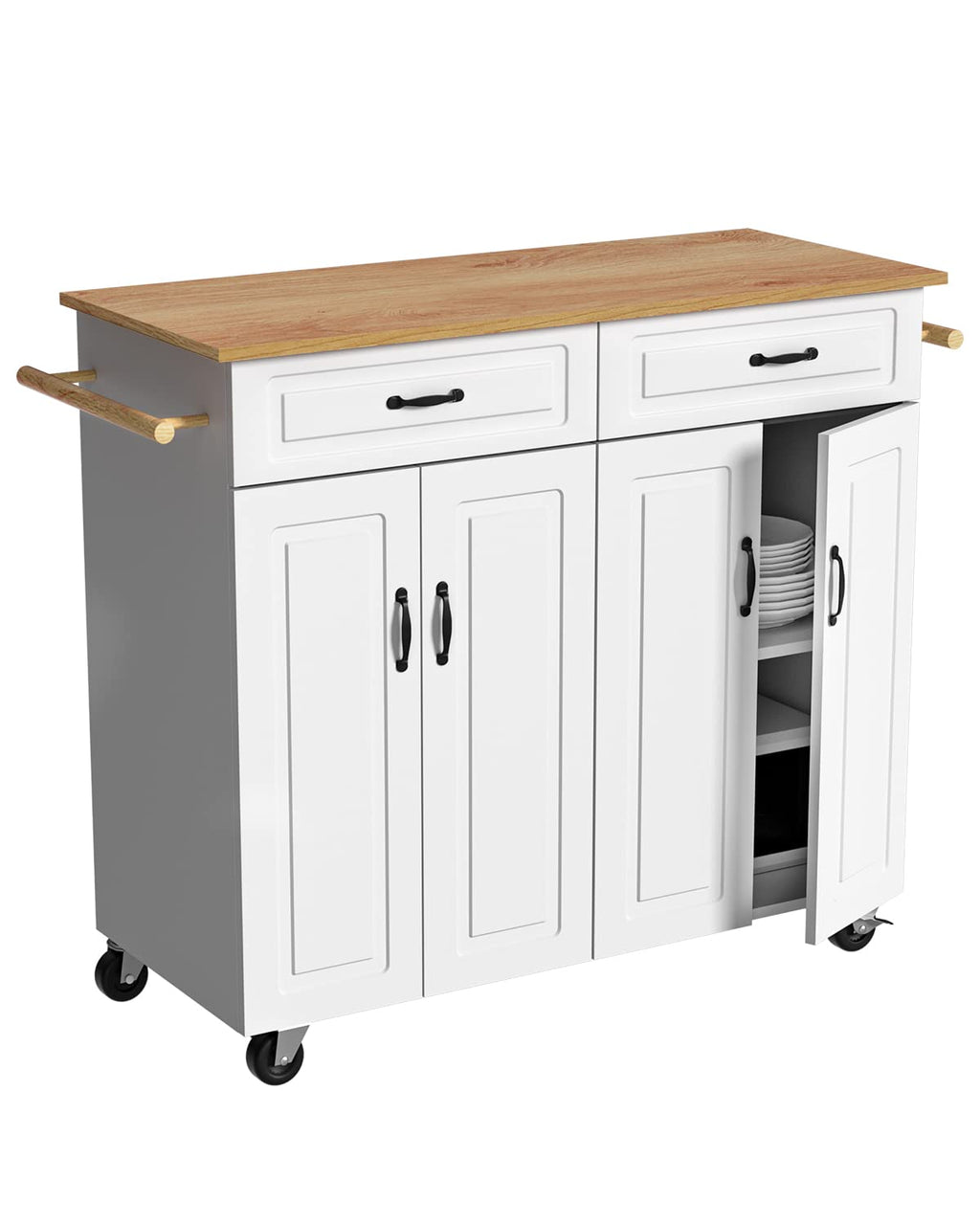 4 EVER WINNER Isla de Cocina Blanca con Almacenamiento sobre Ruedas, Carrito de Cocina Móvil con 2 Cajones y 4 Gabinetes de Almacenaje, Encimera de Madera, Barras para Toallas, Estantes Ajustables
